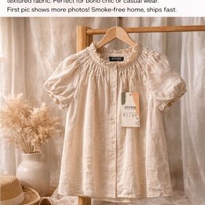 BTFBM Women's Cream Button-Front Ruffle Neck Blouse